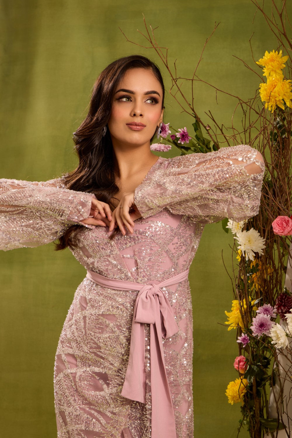 SEQUIN EMBELLISHED SHEER MESH DRESS