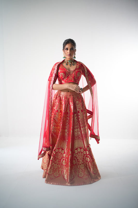RED BROCADE LEHENGA