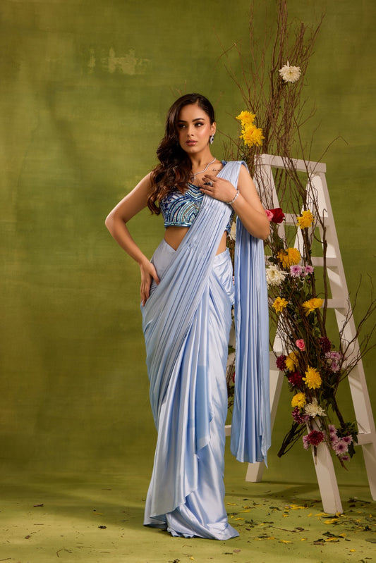 ICE BLUE PRE DRAPED SAREE
