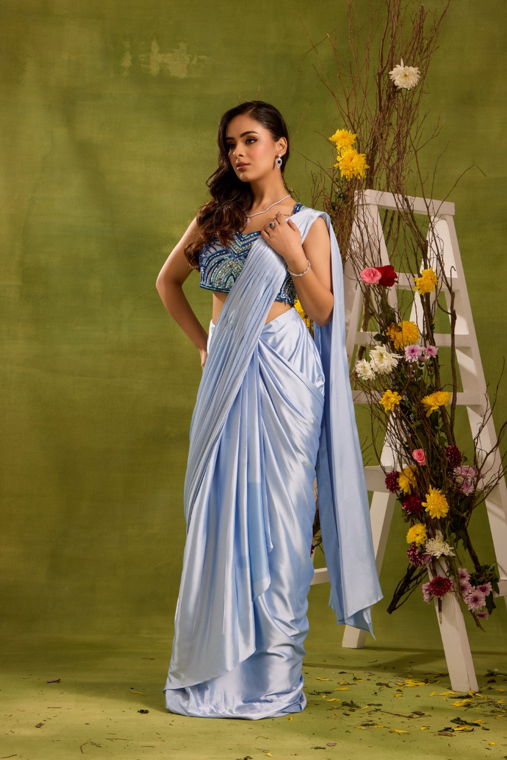 ICE BLUE PRE DRAPED SAREE