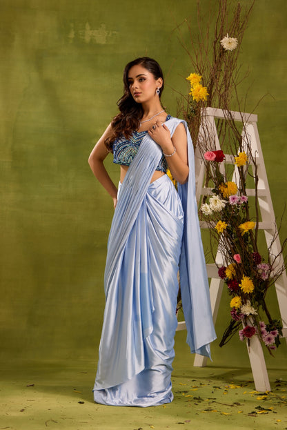 ICE BLUE PRE DRAPED SAREE