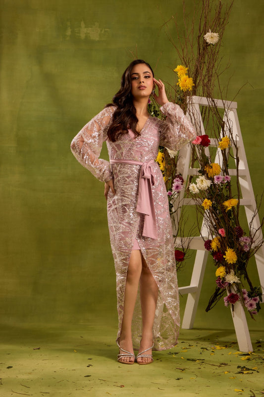 SEQUIN EMBELLISHED SHEER MESH DRESS