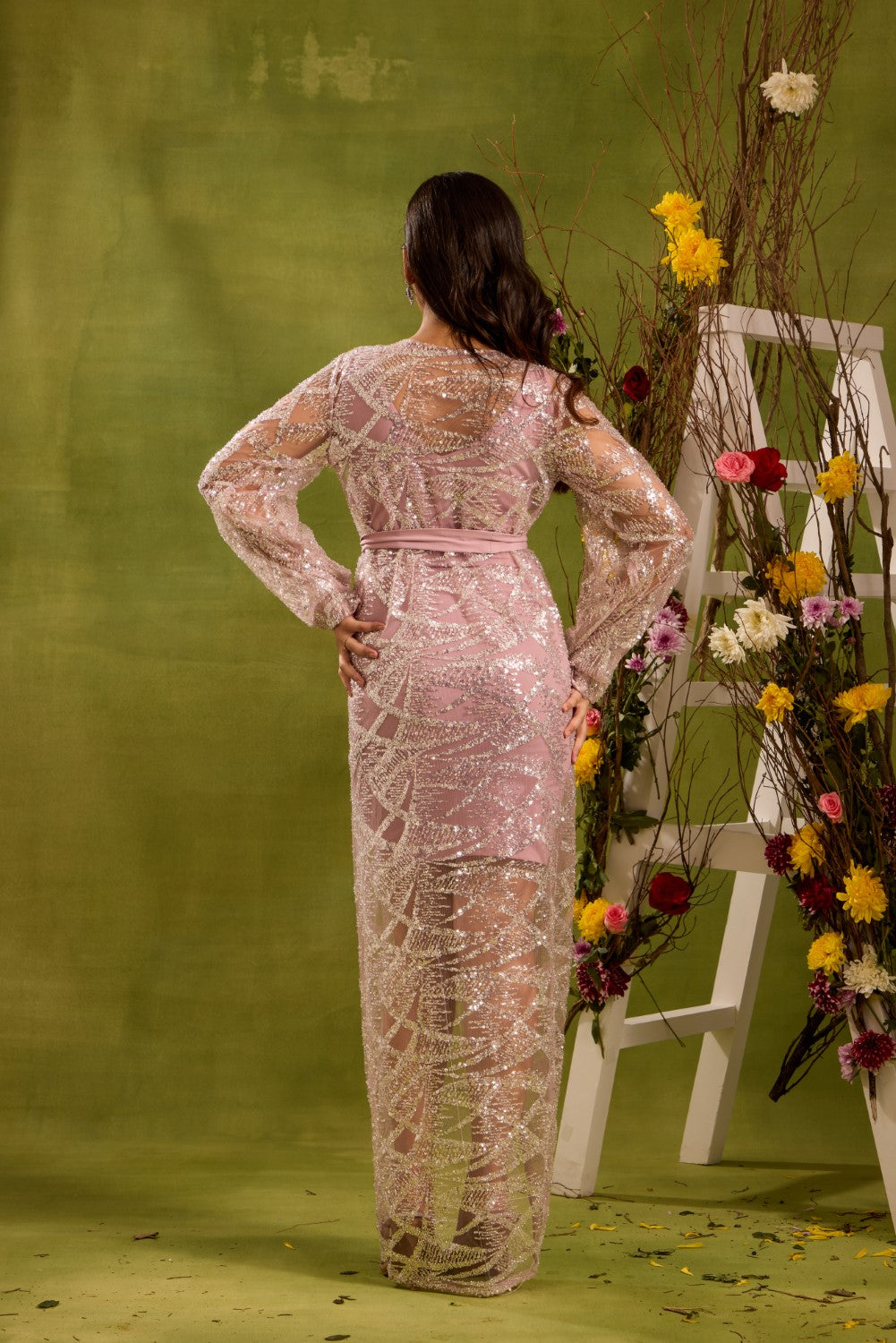 SEQUIN EMBELLISHED SHEER MESH DRESS