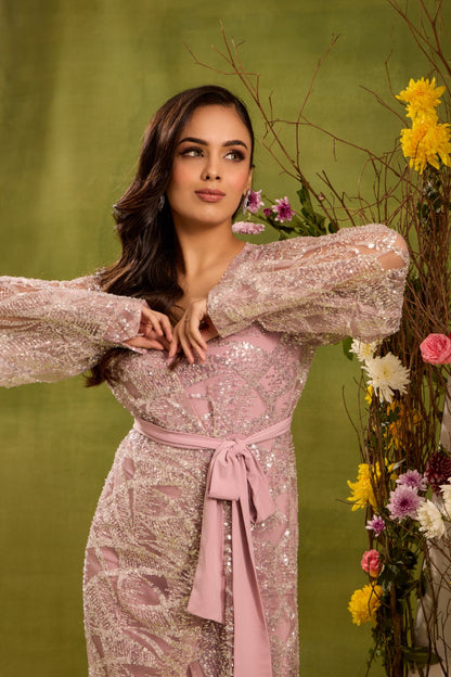 SEQUIN EMBELLISHED SHEER MESH DRESS