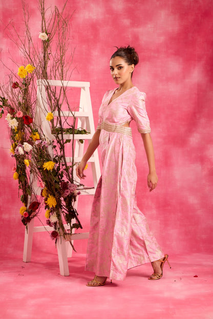 BABY PINK BROCADE JUMPSUIT