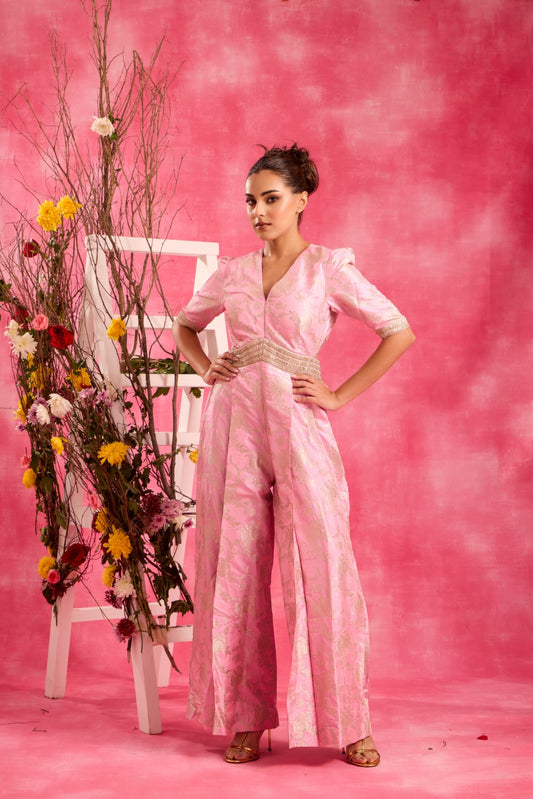 BABY PINK BROCADE JUMPSUIT