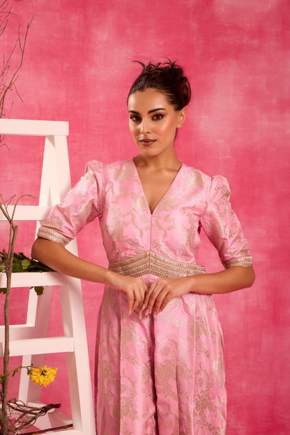 BABY PINK BROCADE JUMPSUIT