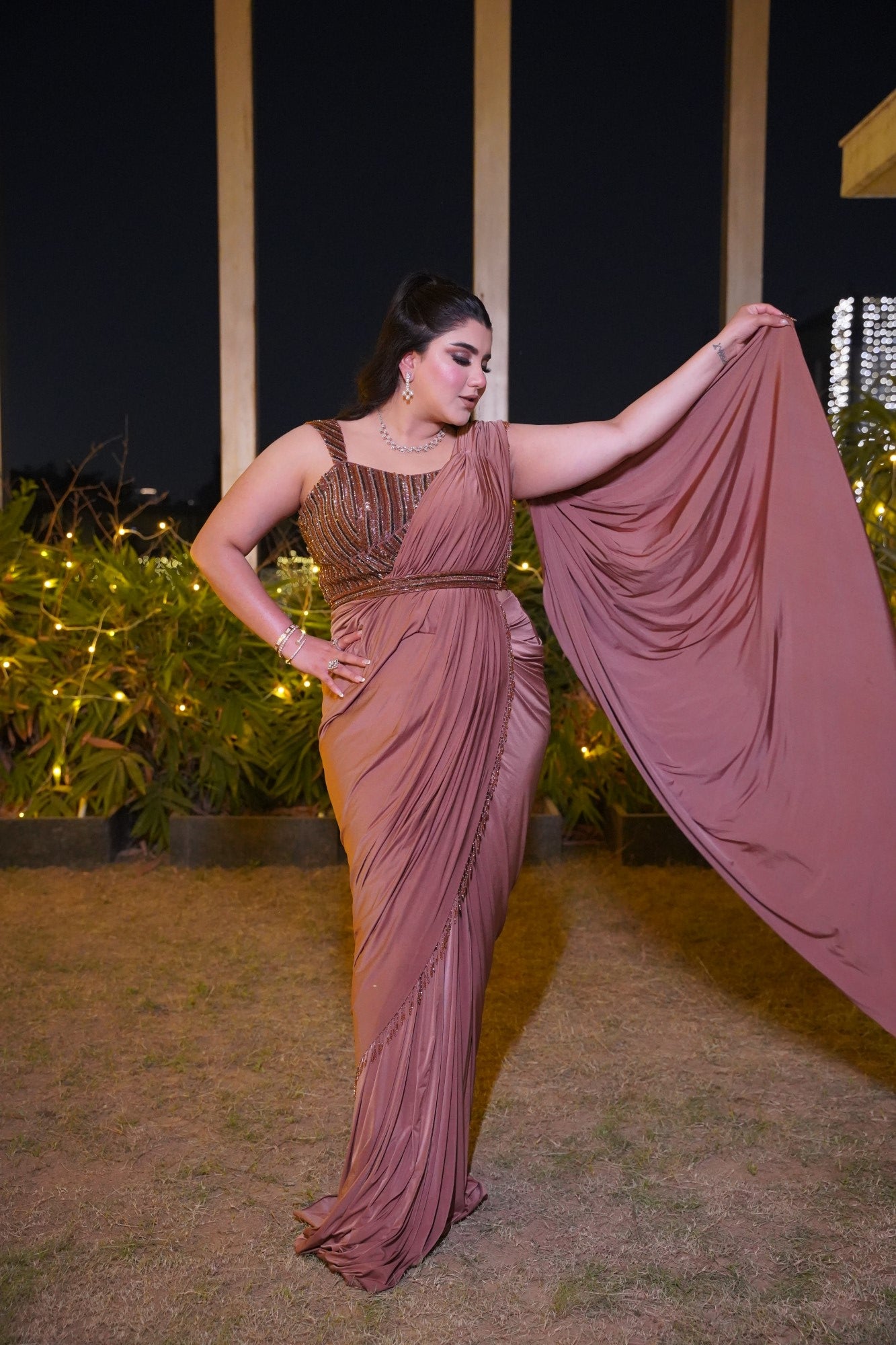 COFFEE BROWN PRE-DRAPED LYCRA SAREE.