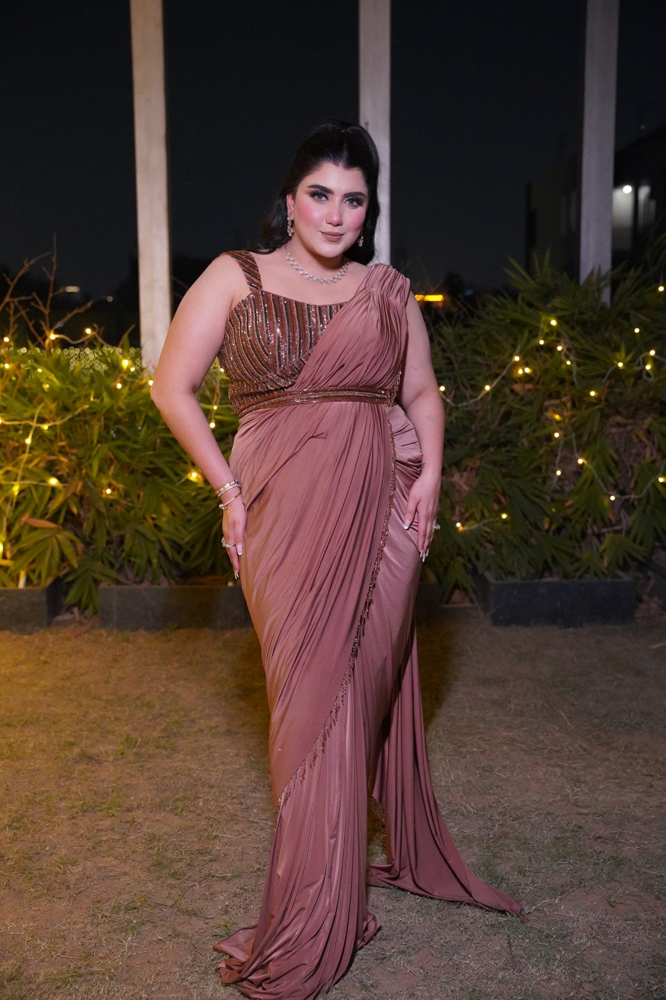 COFFEE BROWN PRE-DRAPED LYCRA SAREE.