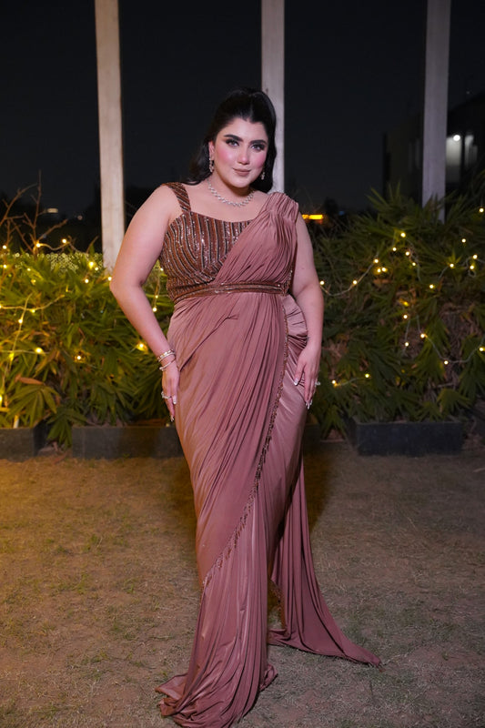 COFFEE BROWN PRE-DRAPED LYCRA SAREE.