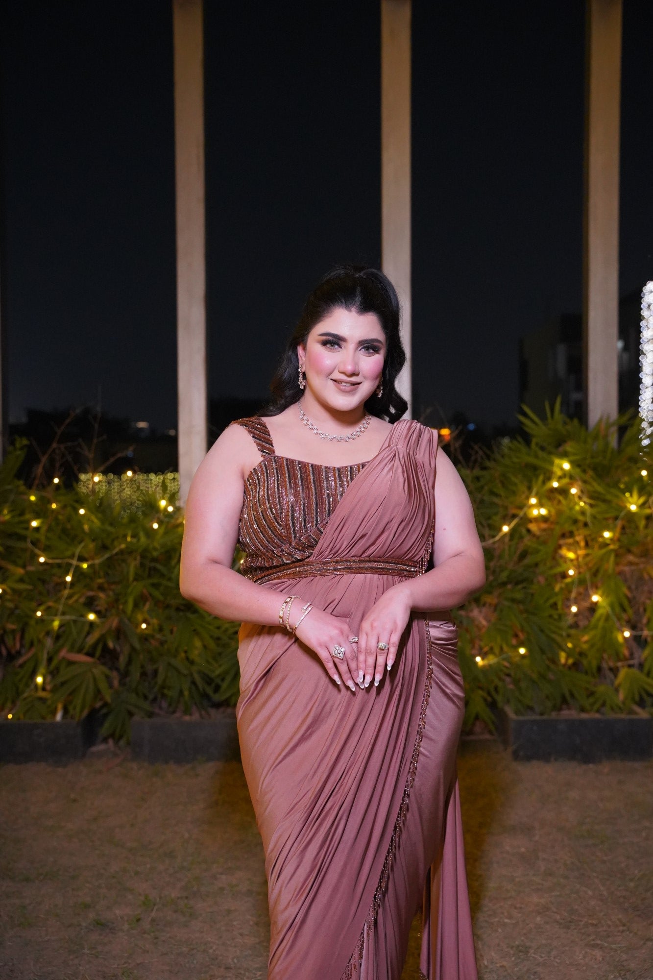 COFFEE BROWN PRE-DRAPED LYCRA SAREE.