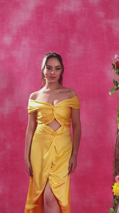 YELLOW SATIN DRAPE DRESS