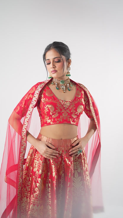 RED BROCADE LEHENGA